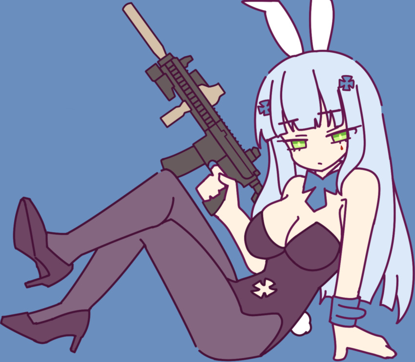 1girl animal_ears assault_rifle bare_shoulders black_footwear black_pantyhose blue_background blue_hair breasts cleavage commentary crossed_legs english_commentary girls'_frontline green_eyes gun hair_ornament high_heels highres hk416_(girls'_frontline) holding holding_gun holding_weapon long_hair looking_at_viewer necktie pantyhose rabbit_ears rabbit_hole_(vocaloid) rifle simple_background sitting snafu_(snafy_snu) solo teardrop_facial_mark weapon