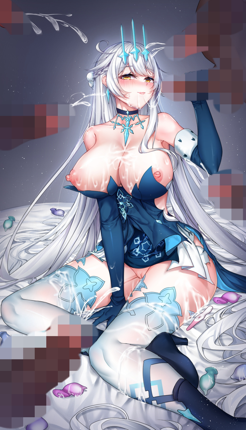 1girl 6+boys absurdres ahoge bed blush breasts censored condom covered_nipples cum cum_in_mouth cum_on_body cum_on_breasts cumdump dress elbow_gloves gangbang gloves group_sex hair_ornament handjob highres honkai_(series) honkai_impact_3rd jewelry kiana_kaslana kiana_kaslana_(herrscher_of_the_void) large_breasts long_hair mosaic_censoring multiple_boys multiple_condoms nipples on_bed penis pussy sitting smile thighhighs used_condom very_long_hair white_hair yellow_eyes