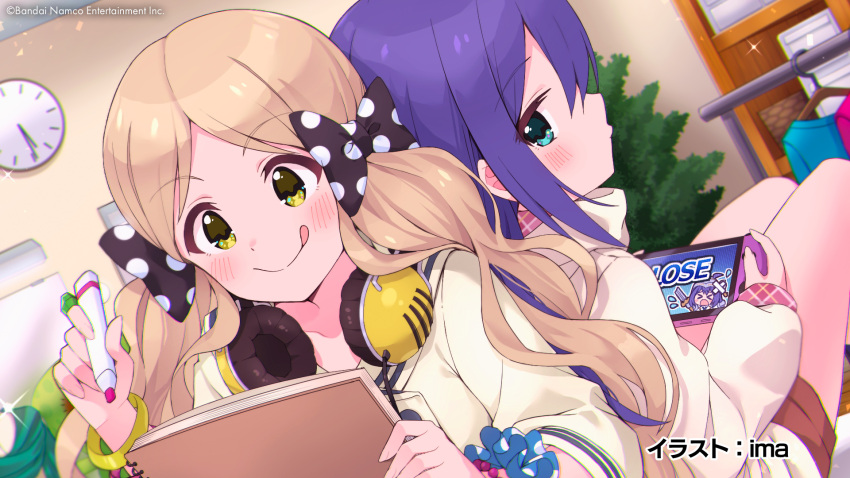 2girls :q aqua_eyes artist_name black_ribbon blush bracelet breasts brown_shorts clock dot_nose fluffy_hair handa_roco headphones headphones_around_neck highres holding holding_pen holding_sketchbook hood hoodie idolmaster idolmaster_million_live! idolmaster_million_live!_theater_days ima_(lm_ew) indoors jewelry leaning_on_person light_brown_hair long_hair looking_at_another mirror mochizuki_anna multiple_girls nintendo_switch o3o official_art parted_bangs pen polka_dot polka_dot_ribbon purple_hair ribbon scrunchie shelf shirt shorts sketchbook small_breasts thighs tongue tongue_out twintails very_long_hair wavy_hair white_hoodie white_shirt wrist_scrunchie yellow_eyes yellow_headphones