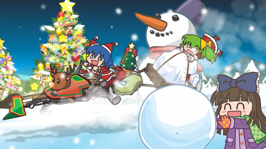 3girls :d alice_margatroid alternate_costume blue_bow blue_sky blunt_bangs bow brown_hair carrot character_doll chen christmas_tree cirno closed_eyes clownpiece coat daiyousei driving flandre_scarlet frilled_bow frills full_body green_hair hair_bow hakurei_reimu hat hime_cut ibuki_suika jun_sasaura kirisame_marisa konpaku_youmu long_hair medium_bangs multiple_girls o_o open_mouth outdoors pom_pom_(clothes) purple_coat red_hat reindeer remilia_scarlet rumia sack santa_costume santa_hat short_hair side_ponytail sky smile snow snowball snowing snowman speeder_bike star_(symbol) star_sapphire star_wars sunny_milk touhou wriggle_nightbug yakumo_ran yellow_bow