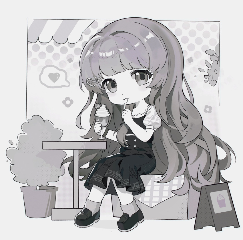 1girl beizhi chibi cup dress food greyscale heart highres holding holding_cup holding_spoon ice_cream long_hair monochrome nanami_(punishing:_gray_raven) puffy_sleeves punishing:_gray_raven short_sleeves sidelocks sitting socks solo spoken_heart spoon very_long_hair