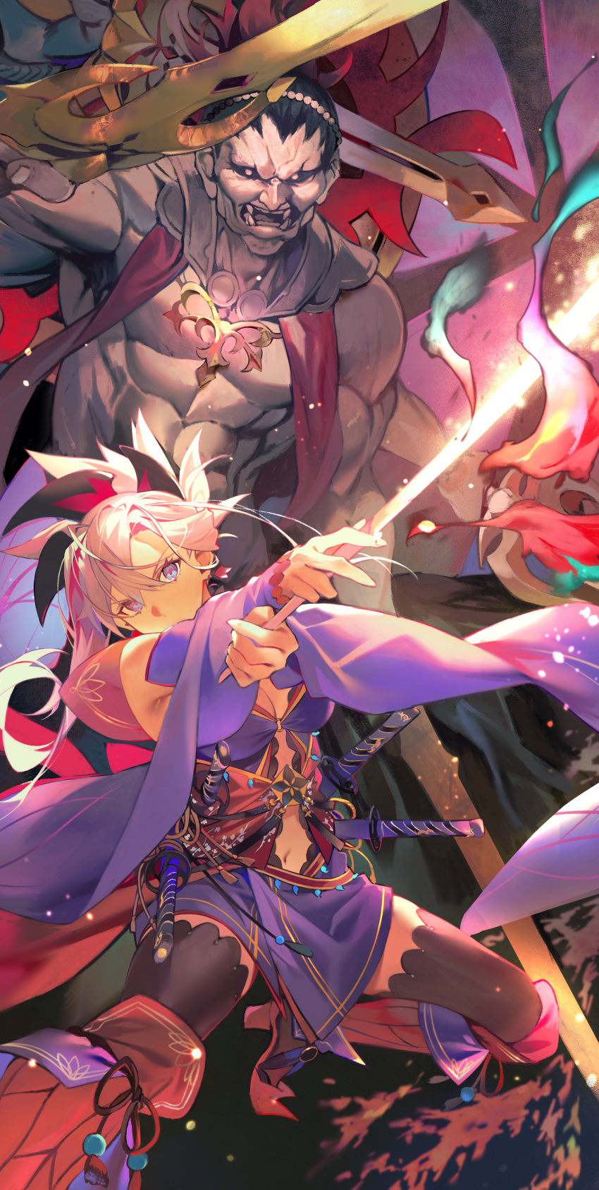 1girl absurdres asymmetrical_hair black_thighhighs blue_eyes breasts cleavage clothing_cutout detached_sleeves earrings fate/grand_order fate_(series) glowing glowing_sword glowing_weapon highres hiro_(hirohiro_gorira) holding holding_sword holding_weapon japanese_clothes jewelry katana kimono leaf maple_leaf miyamoto_musashi_(fate) navel_cutout pink_hair purple_kimono sheath sheathed short_kimono single_sidelock sleeveless sleeveless_kimono swept_bangs sword thighhighs unsheathed weapon wide_ponytail