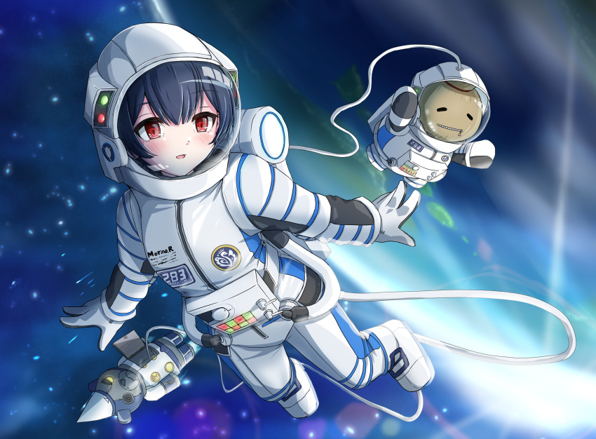 1girl absurdres astronaut black_hair blurry blurry_background character_name commission full_body gloves helmet highres howaso idolmaster idolmaster_shiny_colors morino_rinze outdoors pixiv_commission planet red_eyes solo space space_helmet spacecraft spacesuit white_gloves zipper