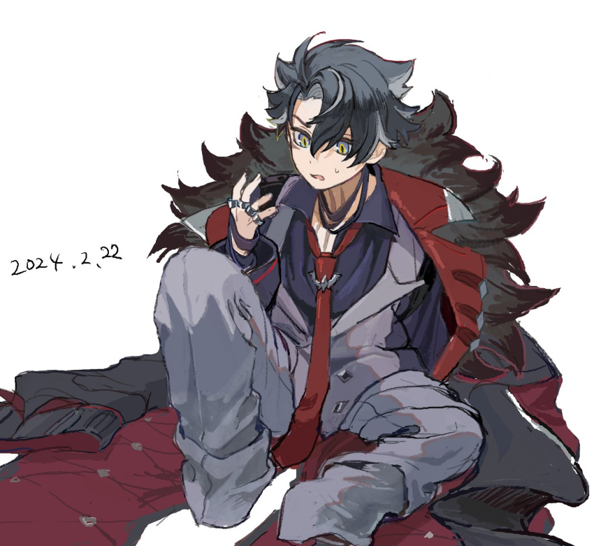 1boy aged_down bandaged_neck bandages black_coat black_hair black_shirt blue_eyes child coat collared_shirt commentary_request fur-trimmed_coat fur_trim genshin_impact grey_hair grey_pants grey_vest hair_between_eyes halo highres lapels long_sleeves male_focus multicolored_hair necktie open_mouth oversized_clothes pants parted_bangs red_necktie scar scar_on_cheek scar_on_face scar_on_neck shirt short_hair simple_background sitting solo streaked_hair surprised sweatdrop two-sided_coat two-sided_fabric vest white_background wriothesley_(genshin_impact) yonaga_tsuki25