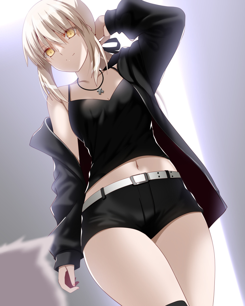 1girl absurdres artoria_pendragon_(fate) bare_shoulders black_camisole black_jacket black_ribbon black_shorts blonde_hair breasts camisole cavall_the_2nd cleavage collarbone dog engo_(aquawatery) fate/grand_order fate_(series) hair_ribbon highres jacket jewelry long_hair long_sleeves looking_at_viewer low_ponytail medium_breasts necklace off_shoulder open_clothes open_jacket ribbon saber_alter saber_alter_(ver._shinjuku_1999)_(fate) short_shorts shorts sidelocks smile solo_focus thighs yellow_eyes