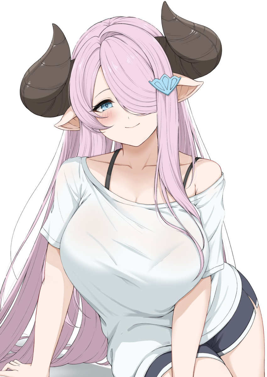 27h_kikyo black_shorts blue_eyes blush breasts collarbone cowboy_shot granblue_fantasy hair_ornament hair_over_one_eye highres horns large_breasts long_hair looking_at_viewer narmaya_(granblue_fantasy) parted_bangs pointy_ears shirt short_sleeves shorts single_bare_shoulder single_off_shoulder spaghetti_strap swept_bangs very_long_hair white_shirt