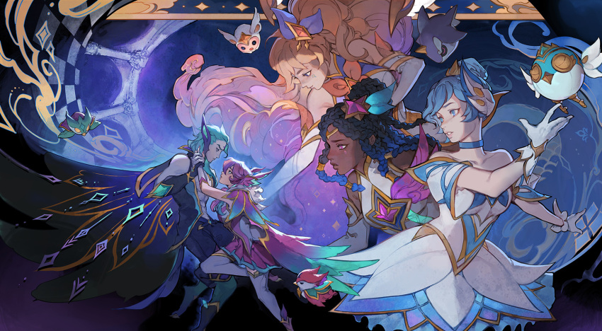 1boy 4girls ahri_(league_of_legends) aqua_hair blonde-haired_boy_(sunaba_(nczd5875)) blue_hair braid braided_dreadlocks cape circlet cover_image covered_abs dark-skinned_female dark_skin dreadlocks dress elbow_gloves eye_contact from_side gloves hair_bun hair_ornament highres holding_hands league_of_legends little_legend long_hair long_sleeves looking_at_another multiple_braids multiple_girls official_alternate_costume official_art pink_eyes pink_hair redeemed_star_guardian_rakan redeemed_star_guardian_xayah senna_(league_of_legends) short_sleeves single_hair_bun star_guardian_(league_of_legends) star_guardian_ahri star_guardian_orianna star_guardian_senna toned toned_male velinxi wavy_hair white_dress white_gloves