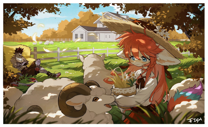 1boy 1girl animal animal_ears artist_name barefoot blue_eyes border braid brown_hair brown_shirt brown_shorts building collared_shirt commentary crossed_arms curled_horns dappled_sunlight day dress falling_leaves farm fence fish7163 flower flower_pot fox_ears fox_girl fox_tail furry furry_female furry_male grass hat hat_flower hay highres holding holding_flower_pot horizontal_pupils horns leaf long_hair long_sleeves neck_ribbon on_grass open_mouth orange_hair original outdoors pawpads reclining red_dress ribbon scenery sheep shirt short_hair shorts side_braid signature single_braid smile straw_hat sun_hat sunlight symbol-only_commentary tail tree white_border white_shirt