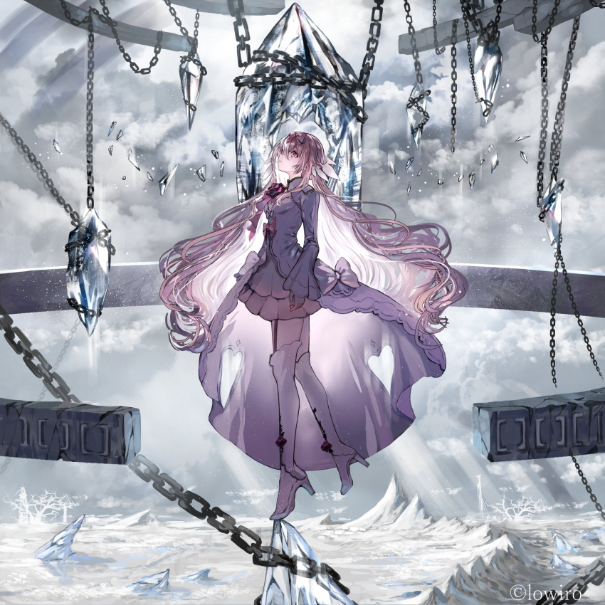 1girl arcaea boots bow chain closed_mouth cloud cloudy_sky day dress full_body gawako hair_bow high_heel_boots high_heels highres hikari_(arcaea) hill ice long_hair long_sleeves official_art outdoors pink_bow pink_dress pink_eyes pink_hair sky solo standing standing_on_one_leg thigh_boots twitter_username wavy_hair white_footwear wide_sleeves