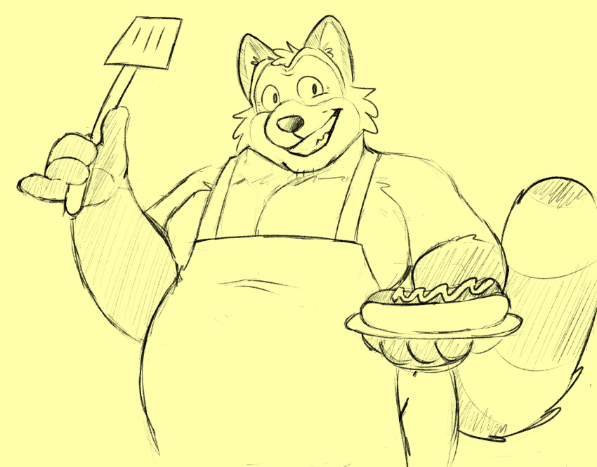 2024 anthro apron belly big_belly clothing food hi_res hot_dog male mammal mr_labrador overweight overweight_male procyonid raccoon rascal_(robot_dreams) robot_dreams simple_background smile solo spatula tools