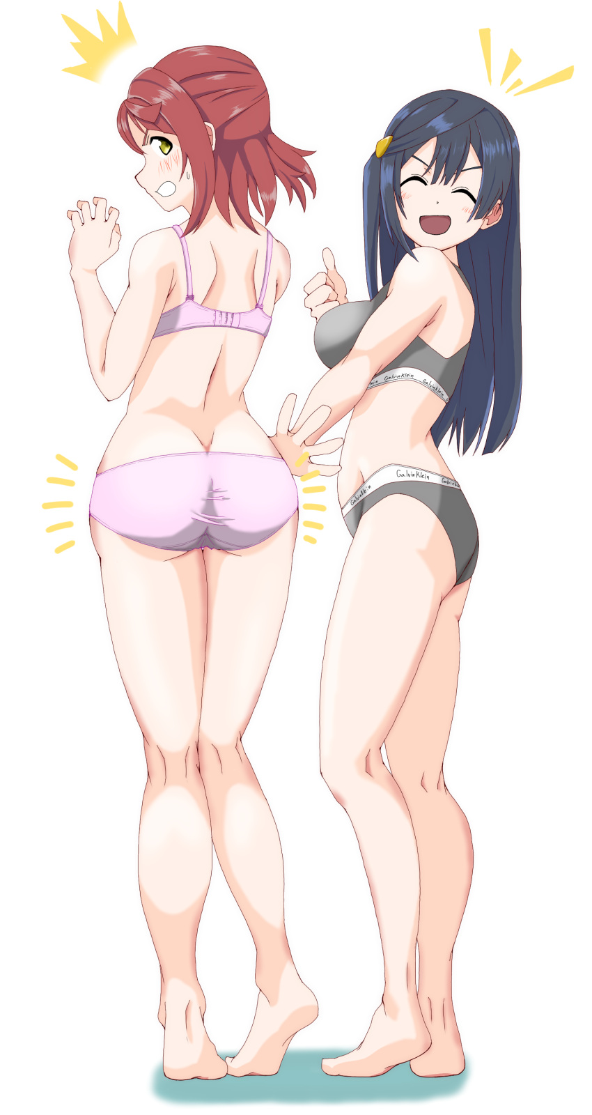 2girls :d absurdres angry ass ass_smack blue_hair blush bra breasts calvin_klein chokkakudo closed_eyes commentary_request from_behind grey_bra grey_panties hair_ornament hairclip happy highres large_breasts long_hair love_live! love_live!_nijigasaki_high_school_idol_club medium_hair multiple_girls open_mouth panties pink_bra pink_hair pink_panties smile sports_bra sweatdrop thumbs_up uehara_ayumu underwear white_background yellow_eyes yuki_setsuna_(love_live!)