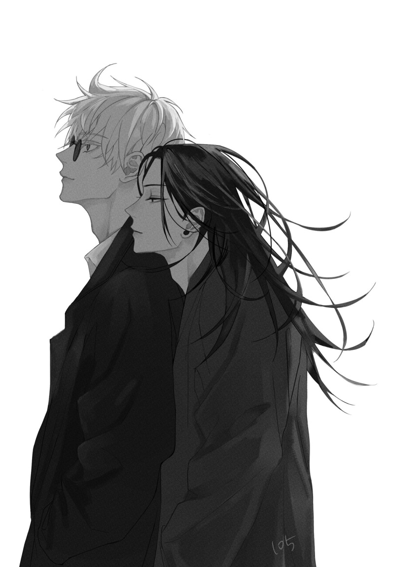 2boys black_hair black_jacket black_sweater dress_shirt from_side getou_suguru gojou_satoru greyscale head_on_another's_shoulder head_rest highres jacket jujutsu_kaisen long_hair looking_ahead male_focus monochrome multiple_boys round_eyewear shirt short_hair simple_background standing sunglasses sweater upper_body white_background white_hair white_shirt workdango