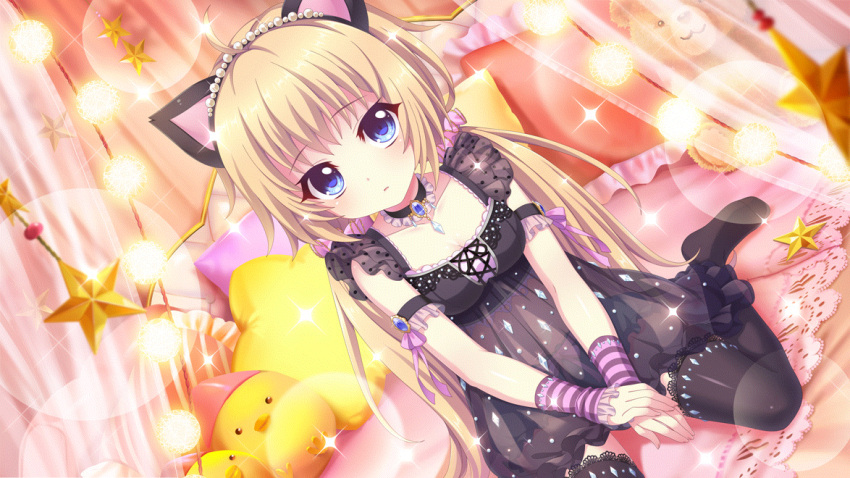 1girl ahoge animal_ear_hairband animal_ears arm_garter bed between_legs black_dress black_garter black_thighhighs blue_eyes blue_gemstone breasts canopy_bed cat_ear_hairband cat_ears cleavage crop_top dot_nose dress dutch_angle fake_animal_ears film_grain game_cg gem hair_ornament hair_scrunchie hairband hand_between_legs itsumura_haruka izumi_tsubasu lens_flare light_brown_hair long_hair looking_at_viewer low_twintails medium_breasts midriff neck_garter no_shoes non-web_source official_art on_bed parted_lips pillow pink_scrunchie purple_wrist_cuffs re:stage! scrunchie see-through see-through_dress sitting solo sparkle star-shaped_pillow star_(symbol) striped_clothes striped_wrist_cuffs stuffed_animal stuffed_bird stuffed_toy teddy_bear thighhighs twintails very_long_hair wariza wrist_cuffs