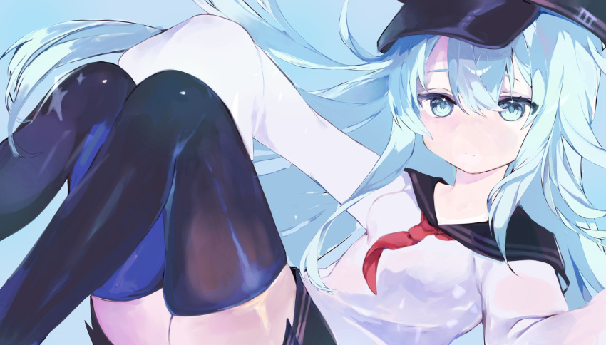 125_riakoi2 1girl black_hat black_sailor_collar black_skirt black_thighhighs blue_eyes blue_hair breasts flat_cap hair_between_eyes hat hibiki_(kancolle) highres kantai_collection light_blue_hair long_hair long_sleeves looking_at_viewer medium_breasts neckerchief pleated_skirt red_neckerchief sailor_collar school_uniform serafuku shirt skirt solo thighhighs very_long_hair wide_sleeves