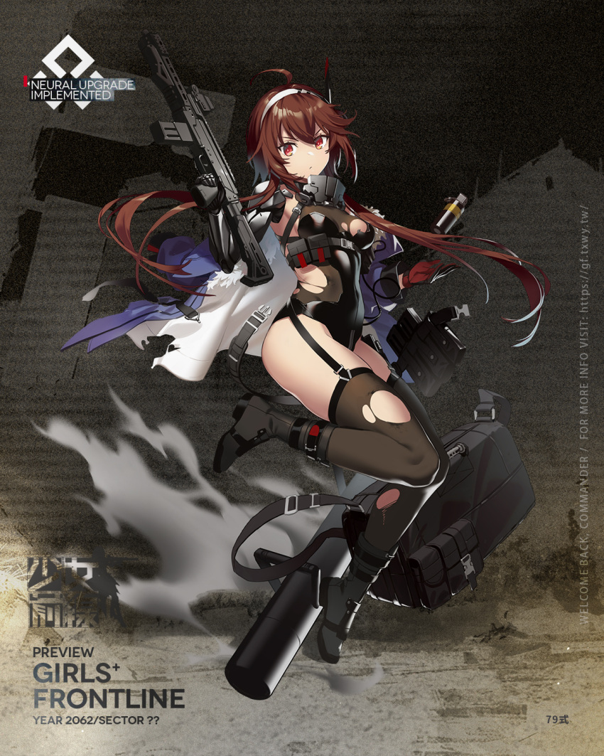 1girl ahoge android belt_pouch black_bag black_footwear black_leotard black_thighhighs blue_jacket boots breasts brown_hair character_name english_text explosive fangdan_runiu frown full_body fur-trimmed_jacket fur_trim garter_straps girls'_frontline gloves grenade gun hair_ornament hairband highres holding holding_gun holding_weapon jacket leg_up leotard logo looking_at_viewer mechanical_arms medium_breasts official_art pouch red_eyes red_gloves respirator second-party_source short_hair_with_long_locks single_glove single_mechanical_arm solo standing standing_on_one_leg strapless strapless_leotard thick_thighs thighhighs thighs torn_clothes torn_jacket torn_leotard torn_thighhighs trigger_discipline type_79_(girls'_frontline) type_79_(mod3)_(girls'_frontline) type_79_smg v-shaped_eyebrows weapon white_hairband