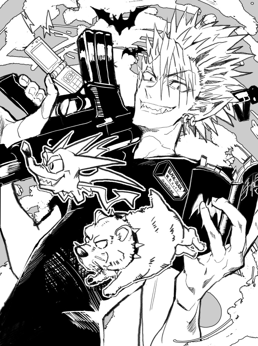 1boy assault_rifle cellphone dog dutch_angle earrings eyeshield_21 finger_on_trigger flip_phone greyscale grin gun highres hiruma_youichi holding holding_gun holding_weapon jewelry looking_at_viewer male_focus monochrome multiple_earrings phone pointy_ears rifle sanpaku sharp_teeth short_hair smile solo spiked_hair teeth ueda-pix upper_body weapon