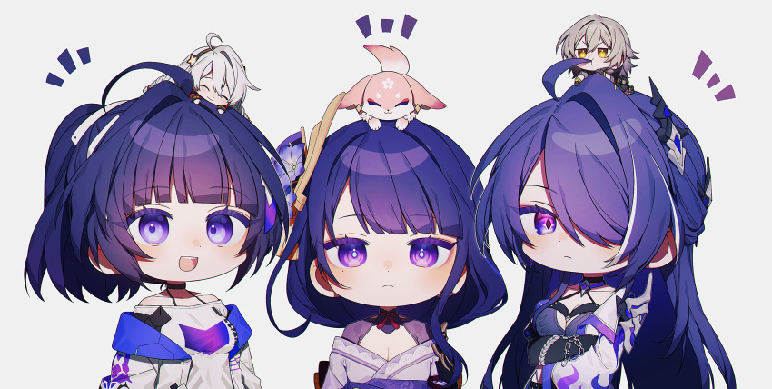 5girls absurdres acheron_(honkai:_star_rail) ahoge animal armor blush breasts chibi cleavage_cutout closed_eyes closed_mouth clothing_cutout coojisan crossed_arms crossover flower fox genshin_impact grey_hair hair_between_eyes hair_flower hair_ornament hair_over_one_eye highres honkai:_star_rail honkai_(series) honkai_impact_3rd japanese_armor kiana_kaslana long_hair looking_at_viewer mole mole_under_eye multiple_girls open_mouth purple_eyes purple_flower purple_hair raiden_mei raiden_mei_(striker_fulminata) raiden_shogun simple_background stelle_(honkai:_star_rail) trailblazer_(honkai:_star_rail) very_long_hair yae_miko yae_miko_(fox)