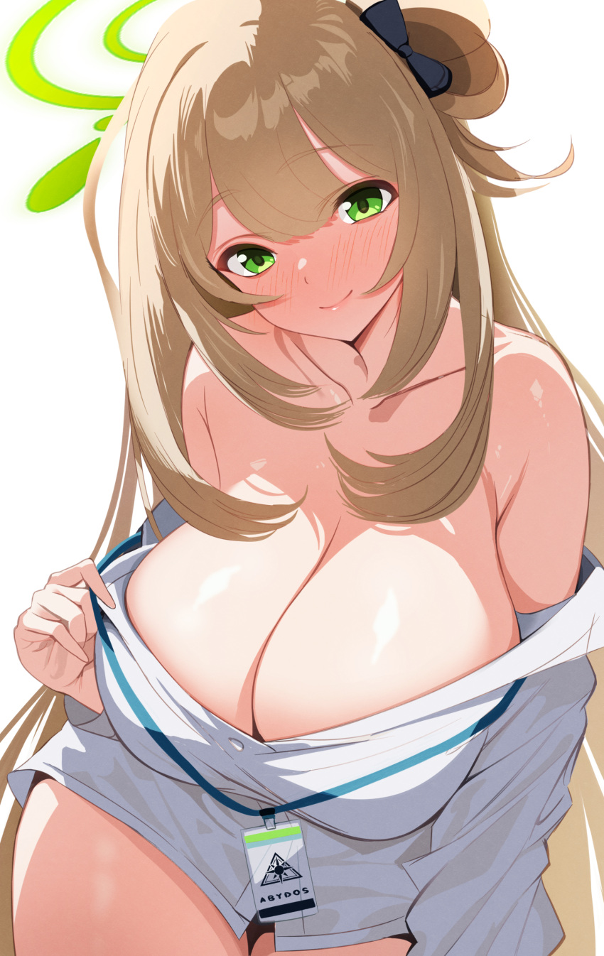 1girl absurdres blonde_hair blue_archive blush breasts cleavage collarbone green_eyes hair_ornament highres id_card large_breasts long_hair looking_at_viewer ni_tamago_sando no_bra no_pants nonomi_(blue_archive) off_shoulder shirt simple_background smile solo white_background white_shirt