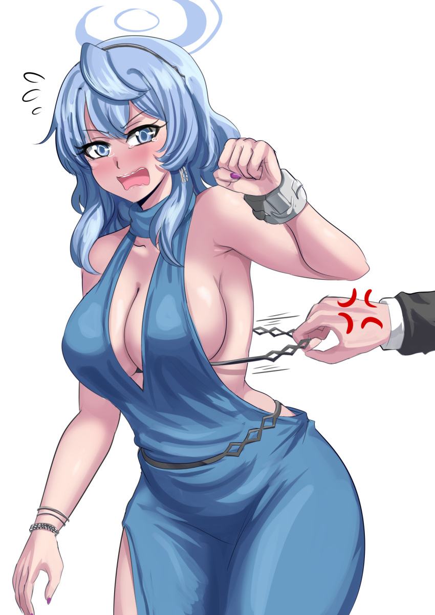 1boy 1girl ako_(blue_archive) ako_(dress)_(blue_archive) anger_vein arm_at_side armpit_crease bare_shoulders blue_archive blue_dress blue_eyes blue_hair blue_halo blush bracelet breasts cleavage commentary cowboy_shot curvy dress drie embarrassed flying_sweatdrops hair_between_eyes halo hand_up hetero highres hip_vent jewelry large_breasts medium_hair open_mouth plunging_neckline sideboob sideless_dress sidelocks simple_background single_handcuff sleeveless sleeveless_dress solo_focus tears teeth upper_teeth_only v-shaped_eyebrows wavy_mouth white_background