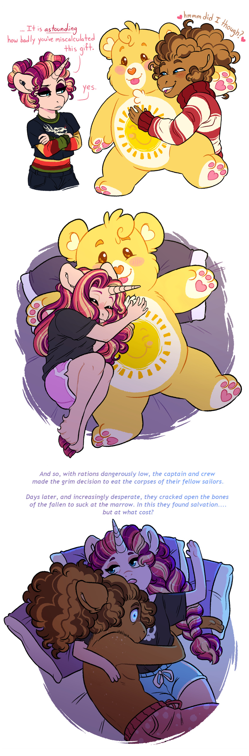 2020 absurd_res anthro anthrofied biped blush care_bears clothed clothing comically_large_object crossover cuddling curled_hair dialogue duo earth_pony english_text equid equine eyes_closed fan_character female funshine_bear fur hair hasbro hi_res hooves horn horse hug humanoid_hands inanimate_object lopoddity male male/female mammal midnight_abyss_(lopoddity) multiple_images my_little_pony mythological_creature mythological_equine mythology pandoraverse_(lopoddity) pb_sandwich_(lopoddity) pillow pink_body pink_fur plushie pony romantic romantic_couple simple_background solo teddy_bear text topless unicorn white_background