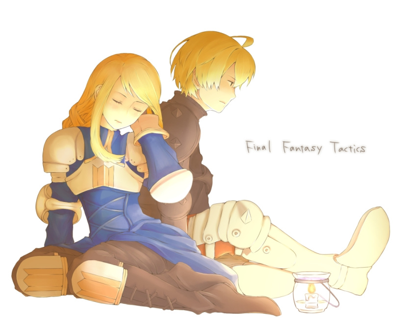 1boy 1girl agrias_oaks ahoge arm_armor armor blonde_hair braid brown_footwear brown_pants candle closed_eyes copyright_name couple final_fantasy final_fantasy_tactics full_body hand_on_own_head hetero knee_pads looking_ahead mochi-and-mochi on_floor pants ramza_beoulve shoulder_armor shoulder_spikes single_braid sitting spiked_footwear spikes white_background white_footwear