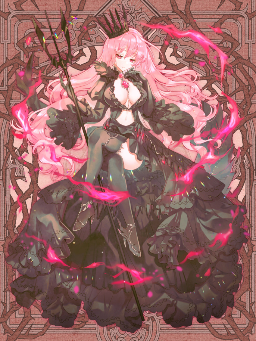 1girl aura between_breasts black_dress black_footwear black_gloves blue_eyes boots breasts brown_background claw_ring cleavage clona clothing_cutout crossed_legs crown dairoku_ryouhei dark_aura dress elbow_gloves frilled_dress frilled_sleeves frills full_body fur_trim gloves hair_between_eyes high-low_skirt high_heel_boots high_heels highres holding holding_polearm holding_trident holding_weapon invisible_chair jewelry juliet_sleeves large_breasts long_dress long_hair long_sleeves looking_at_viewer messiah_elneige necklace pink_eyes pink_gemstone pink_hair plunging_neckline polearm puffy_sleeves sitting smile solo stomach_cutout thigh_boots thighlet tilted_headwear trident wavy_hair weapon