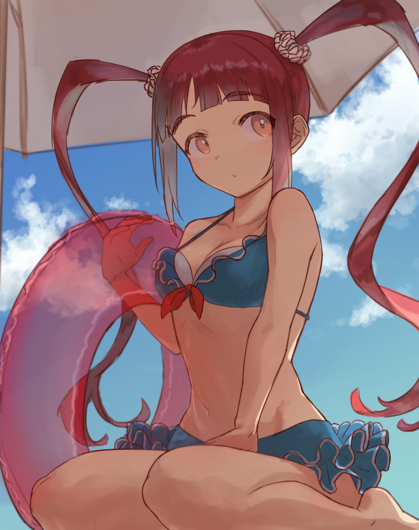 1girl bare_arms bare_legs bare_shoulders barefoot bikini blue_bikini blue_sky blunt_bangs breasts cleavage cloud cloudy_sky collarbone dot_mouth dot_nose frilled_bikini frills hair_ornament hair_scrunchie hand_on_own_thigh highres holding holding_swim_ring idolmaster idolmaster_million_live! idolmaster_million_live!_theater_days long_hair matsuda_arisa medium_breasts navel pink_eyes red_hair scrunchie shirafu_ne sidelocks sitting sky solo swim_ring swimsuit transparent_innertube very_long_hair wariza