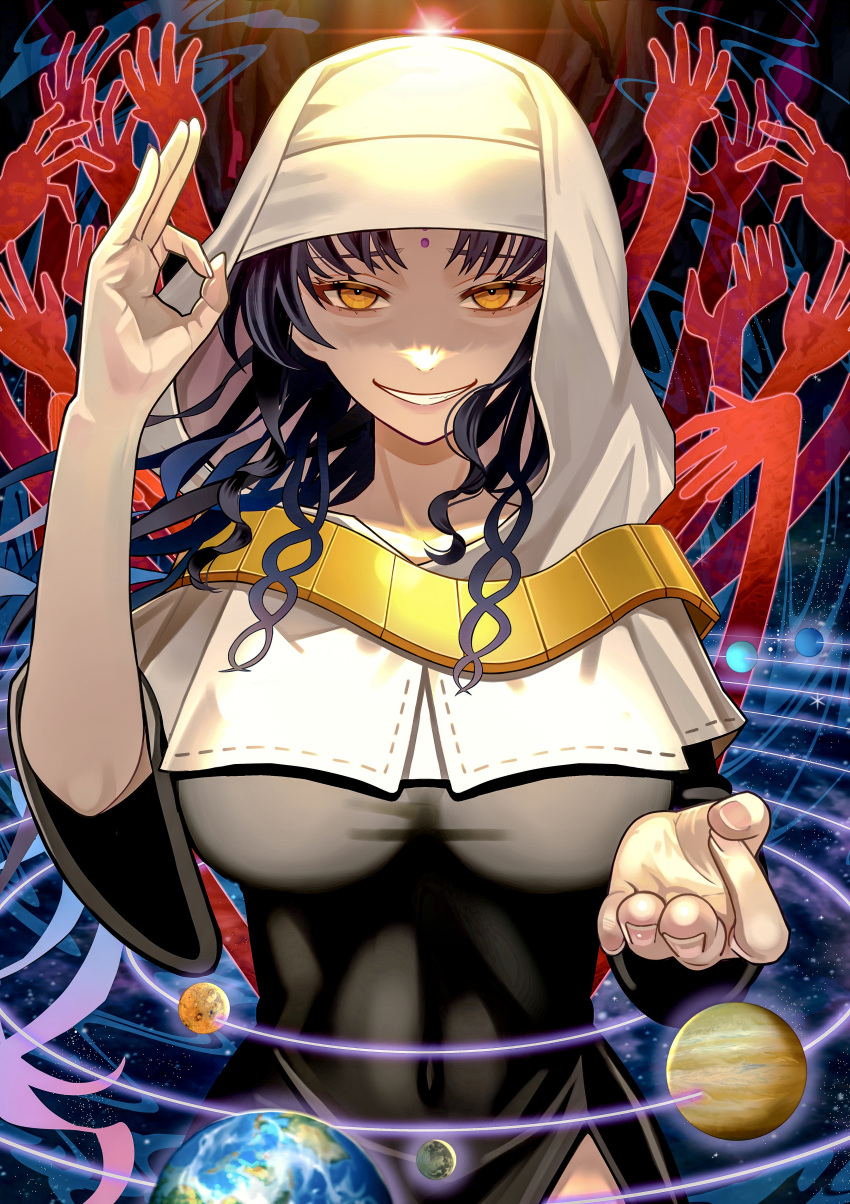 1girl absurdres black_dress black_hair breasts covered_navel dress facial_mark fate/extra fate/extra_ccc fate/grand_order fate_(series) forehead_mark ghost_hands grin habit highres jewelry large_breasts long_hair long_sleeves looking_at_viewer necklace nun planet sakuma_kou sessyoin_kiara shaded_face smile solo wavy_hair yellow_eyes