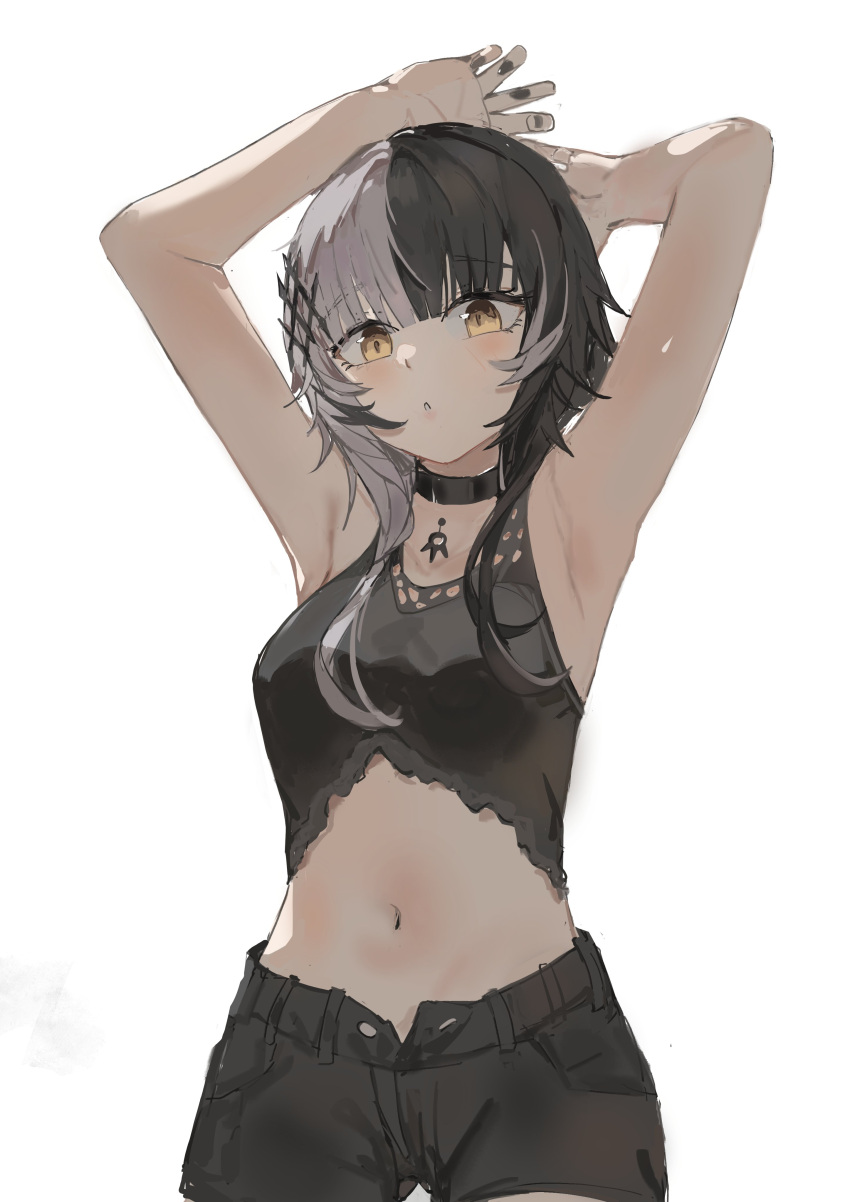 1girl :o absurdres alternate_costume armpits arms_behind_head arms_up bare_arms black_choker black_hair black_nails black_shorts black_tank_top blunt_bangs blush breasts choker collarbone cowboy_shot crop_top dimas_(dimas79756948) from_below grey_hair hair_ornament hashtag-only_commentary highres hololive hololive_english long_hair looking_at_viewer looking_down medium_breasts multicolored_hair navel open_fly parted_lips shiori_novella short_shorts shorts sidelocks simple_background solo split-color_hair streaked_hair tank_top thick_eyelashes virtual_youtuber white_background yellow_eyes