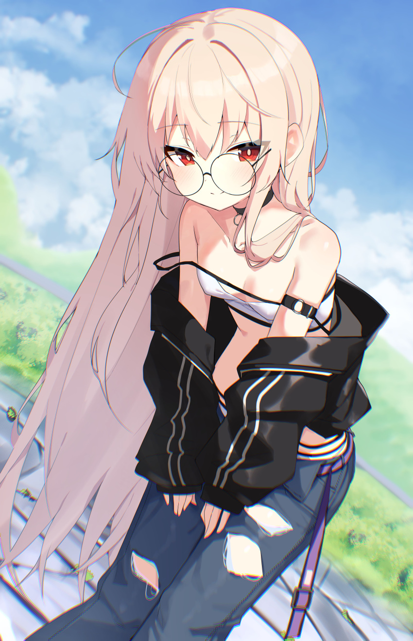 1girl absurdres bare_shoulders black-framed_eyewear black_choker black_jacket blonde_hair blue_pants breasts bright_pupils choker closed_mouth crop_top dutch_angle girls'_frontline glasses highres jacket leaning_forward long_hair long_sleeves looking_at_viewer looking_over_eyewear midriff off_shoulder open_clothes open_fly open_jacket panties pants panty_peek red_eyes round_eyewear shirt sleeveless sleeveless_shirt small_breasts smile solo spaghetti_strap standing torn_clothes torn_pants type_80_(girls'_frontline) underwear very_long_hair w.k white_panties white_shirt