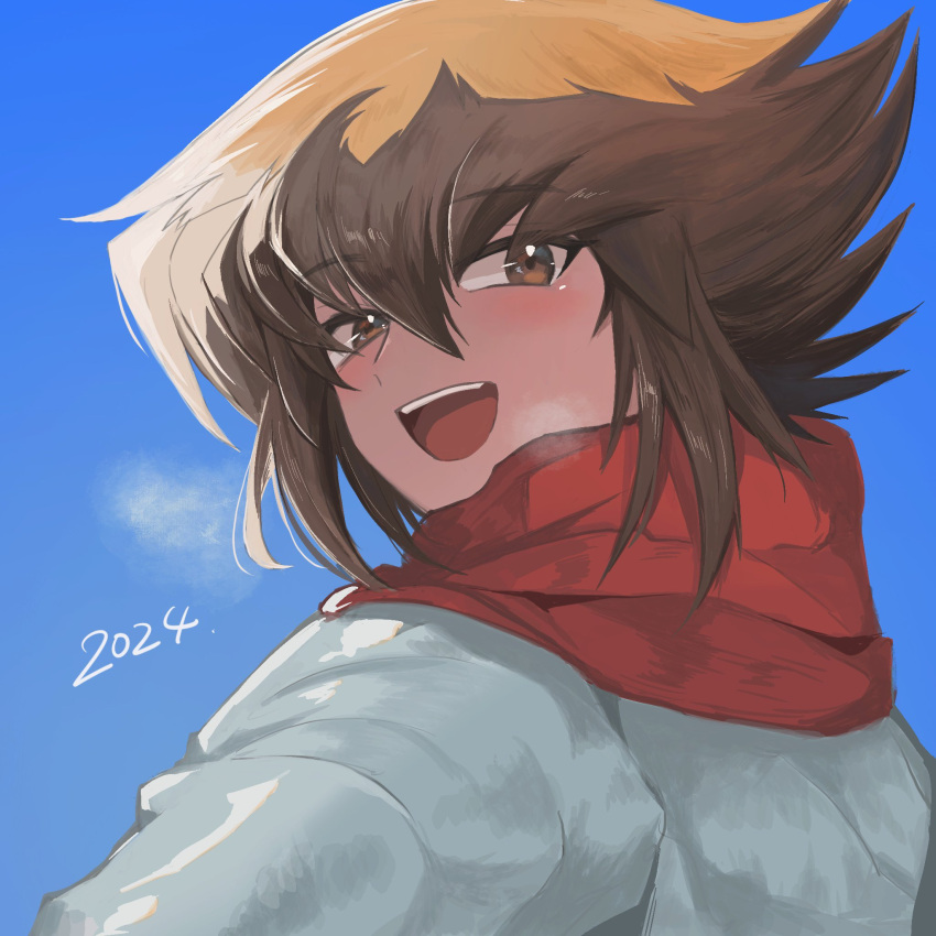 1boy 2024 blue_background blush breath brown_eyes brown_hair coat grey_coat hair_between_eyes happy highres looking_at_viewer male_focus medium_hair open_mouth portrait red_scarf scarf simple_background smile solo teeth ten_(100000_910) winter_clothes winter_coat yu-gi-oh! yu-gi-oh!_gx yuki_judai