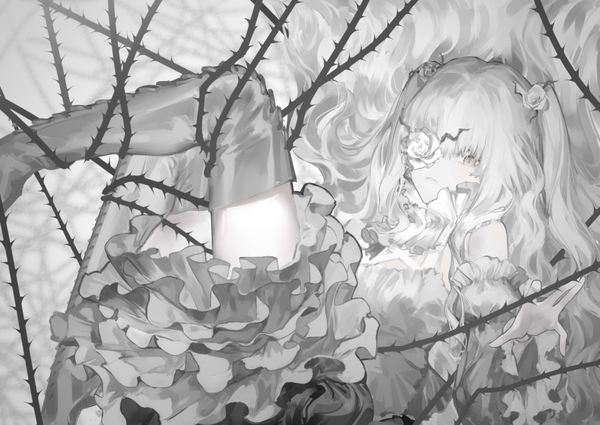 1girl boots commentary_request cross-laced_footwear expressionless feet_out_of_frame flower flower_over_eye frilled_shirt frilled_skirt frills greyscale hair_between_eyes hair_flower hair_ornament kirakishou lace-up_boots lolita_fashion long_hair looking_at_viewer medium_bangs monochrome parted_lips plant rozen_maiden shirt sidelocks skirt solo thigh_boots two_side_up very_long_hair vines wavy_hair yisi_ww zettai_ryouiki