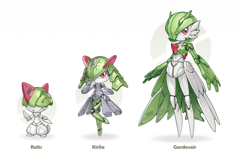 colored_skin evolutionary_line gardevoir green_hair green_skin hair_over_eyes hair_over_one_eye highres kirlia looking_at_viewer lordyanyu mechanization medium_hair multicolored_skin number_print pokemon pokemon_(creature) ralts red_eyes red_skin simple_background white_background white_skin