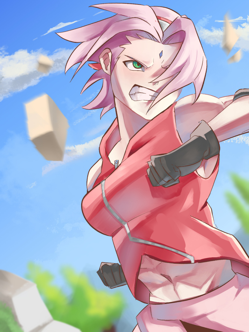 abs bare_shoulders black_gloves blue_sky blurry blurry_background digitical facial_mark forehead forehead_mark forehead_protector gloves green_eyes hairband haruno_sakura highres muscular muscular_female naruto naruto_(series) naruto_shippuuden navel parted_bangs pink_hair red_shirt shirt short_hair sky