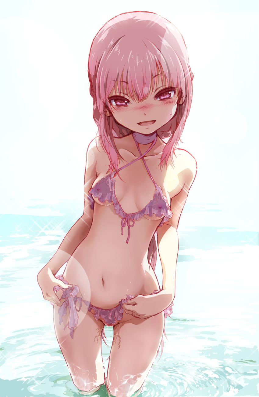 1girl absurdres backlighting bikini blush breasts covered_nipples frilled_bikini frills highres long_hair looking_at_viewer magia_record:_mahou_shoujo_madoka_magica_gaiden mahou_shoujo_madoka_magica navel open_mouth pink_bikini pink_eyes pink_hair shiika_sadamasa small_breasts smile solo swimsuit tamaki_iroha tamaki_iroha_(swimsuit_costume) thigh_gap wading water wet