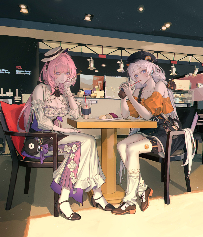 2girls absurdres ascot bag bare_shoulders black_ascot black_footwear black_overalls blue_eyes cafe chair cup dessert disposable_cup drinking_straw drinking_straw_in_mouth elysia_(honkai_impact) food fork handbag hat head_rest highres holding holding_fork honkai_(series) honkai_impact_3rd kiana_kaslana korean_commentary long_hair low_twintails multiple_girls neon_(pixiv_31150749) official_art overalls pink_hair second-party_source sitting table twintails white_hair