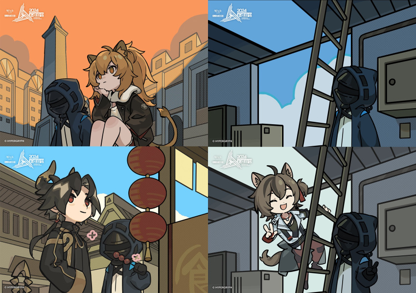 1girl 1other 2boys ambience_synesthesia animal_ears arknights chibi chong_yue_(arknights) climbing_ladder closed_eyes day doctor_(arknights) dragon_boy dragon_horns favilia happy highres horns lion_ears lion_girl lion_tail multiple_boys siege_(arknights) sitting smile stainless_(arknights) sunset tail v