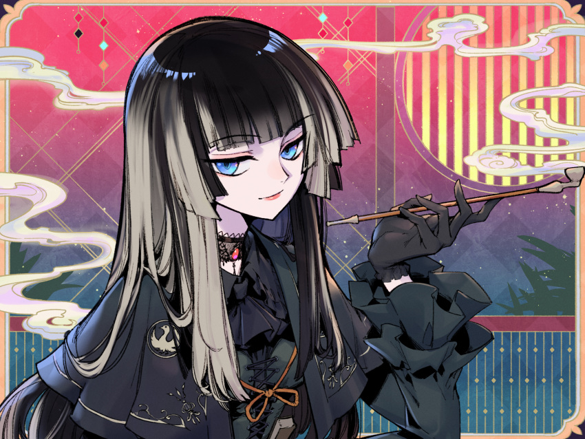 1girl ascot black_ascot black_capelet black_gloves black_hair black_shirt blonde_hair blue_eyes blunt_bangs blunt_sidelocks capelet choker collared_shirt commentary frilled_sleeves frills gloves gothic_lolita highres holding holding_smoking_pipe hololive hololive_dev_is juufuutei_raden kiseru lace lace_choker lolita_fashion long_hair long_sleeves multicolored_hair phantom_ix_row shirt smile smoke smoking_pipe solo two-tone_hair upper_body virtual_youtuber