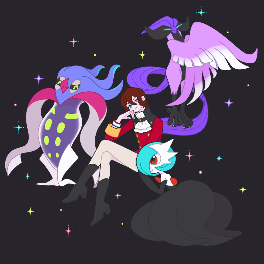 1boy :3 ascot black_footwear blue_eyes boots brown_hair closed_mouth crossed_legs crossover full_body galarian_articuno gardevoir hair_between_eyes hand_on_own_cheek hand_on_own_face hand_up high_heel_boots high_heels highres invisible_chair jacket king_of_prism knee_boots long_sleeves looking_at_viewer malamar mega_gardevoir norizuki_jin nyaasechan pants pokemon pokemon_(creature) pretty_rhythm pretty_series red_jacket short_hair sitting smile solo sparkle white_ascot white_pants