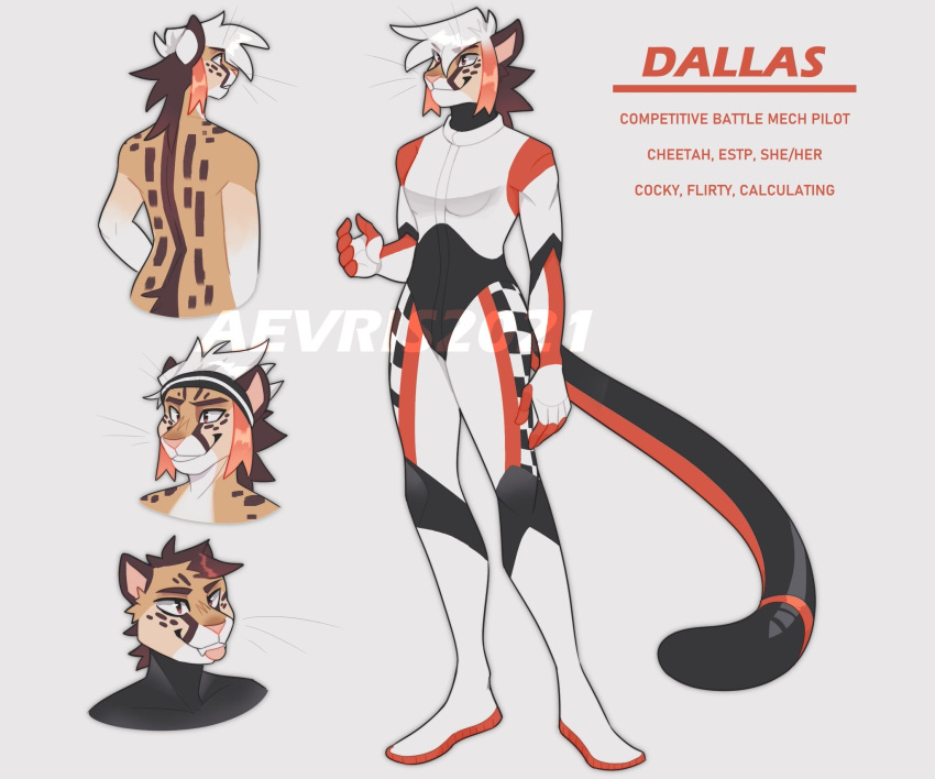 5_fingers aevris anthro biped cheetah dallas_(aevris) english_text eyebrows felid feline female fingers hair hi_res mammal model_sheet smile solo tail text tongue tongue_out