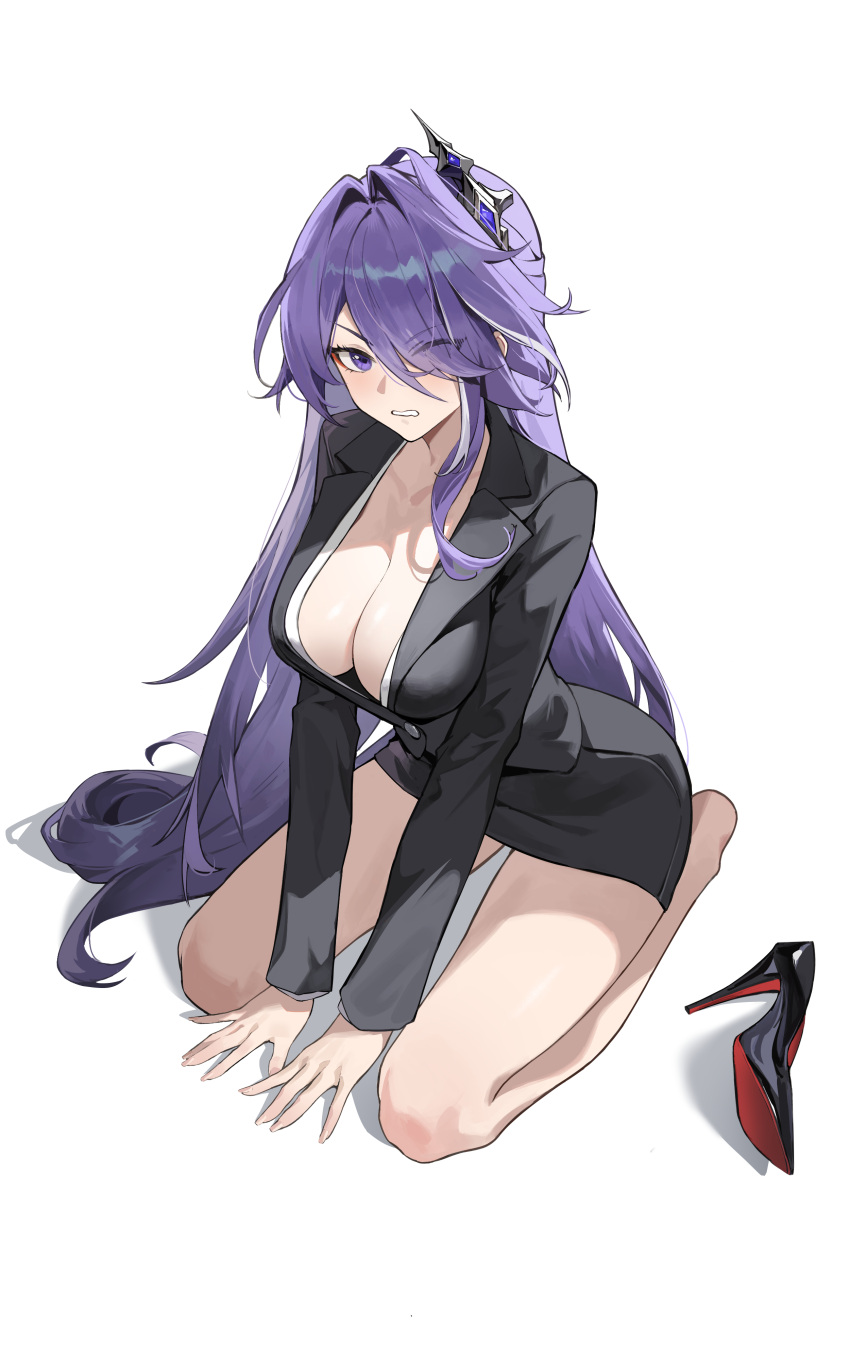 1girl absurdres acheron_(honkai:_star_rail) bare_legs barefoot black_jacket black_skirt breasts cleavage clenched_teeth from_above full_body hair_intakes hair_over_one_eye high_heels highres honkai:_star_rail honkai_(series) jacket kaliliyu17524 large_breasts long_hair looking_at_viewer purple_hair shoes skirt solo teeth unworn_shoes very_long_hair