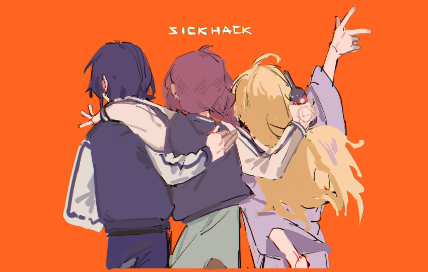 3girls arm_around_neck arm_up blonde_hair blue_hair blue_jacket bocchi_the_rock! bottle braid cowboy_shot english_text from_behind hand_tattoo highres hiroi_kikuri holding holding_bottle iwashita_shima jacket lingyi long_hair long_sleeves multiple_girls orange_background purple_hair purple_shirt shimizu_eliza shirt short_hair simple_background single_braid tattoo white_sleeves