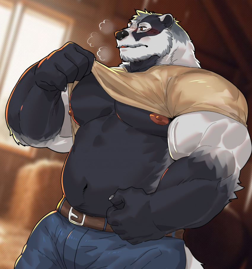 anthro badger echo_(series) echo_project hi_res istani male mammal musclegut muscular muscular_anthro muscular_male mustelid musteline nikolai_krol nipples solo the_smoke_room vein veiny_muscles