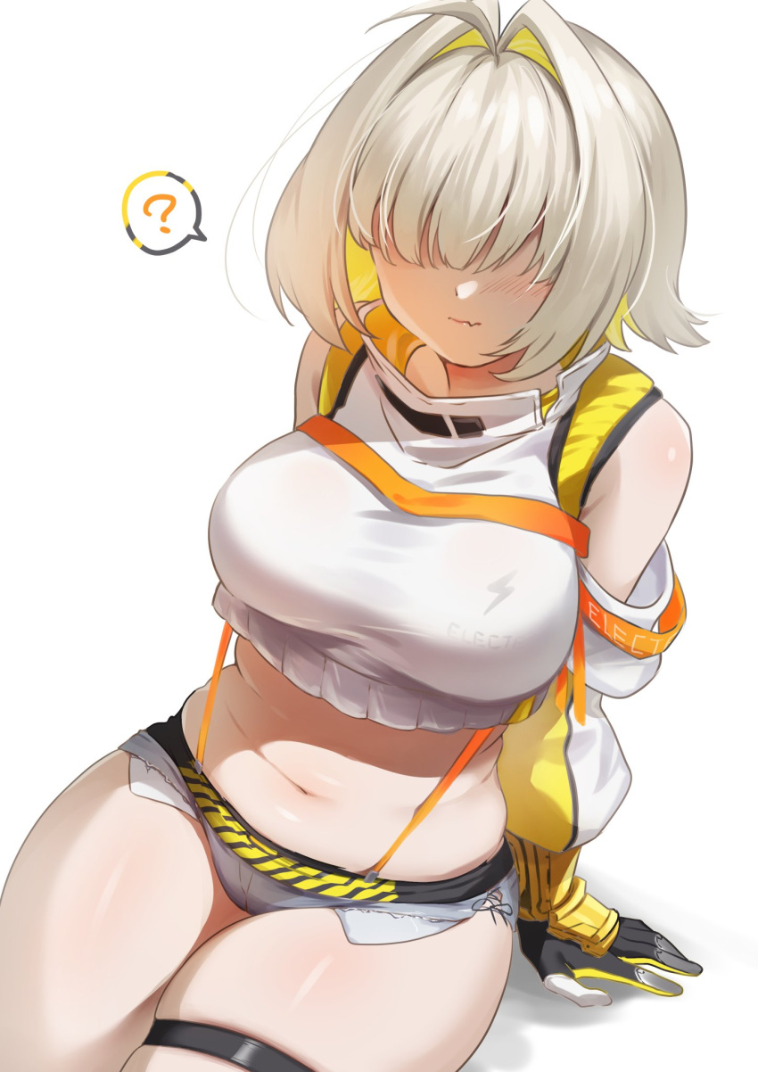 1girl ahoge blonde_hair blush breasts detached_sleeves elegg_(nikke) fang goddess_of_victory:_nikke hair_intakes hair_over_eyes highres large_breasts long_bangs long_sleeves multicolored_hair navel open_mouth plump sha_(shareddelicious) short_hair shorts solo suspenders thick_thighs thigh_strap thighs two-tone_hair