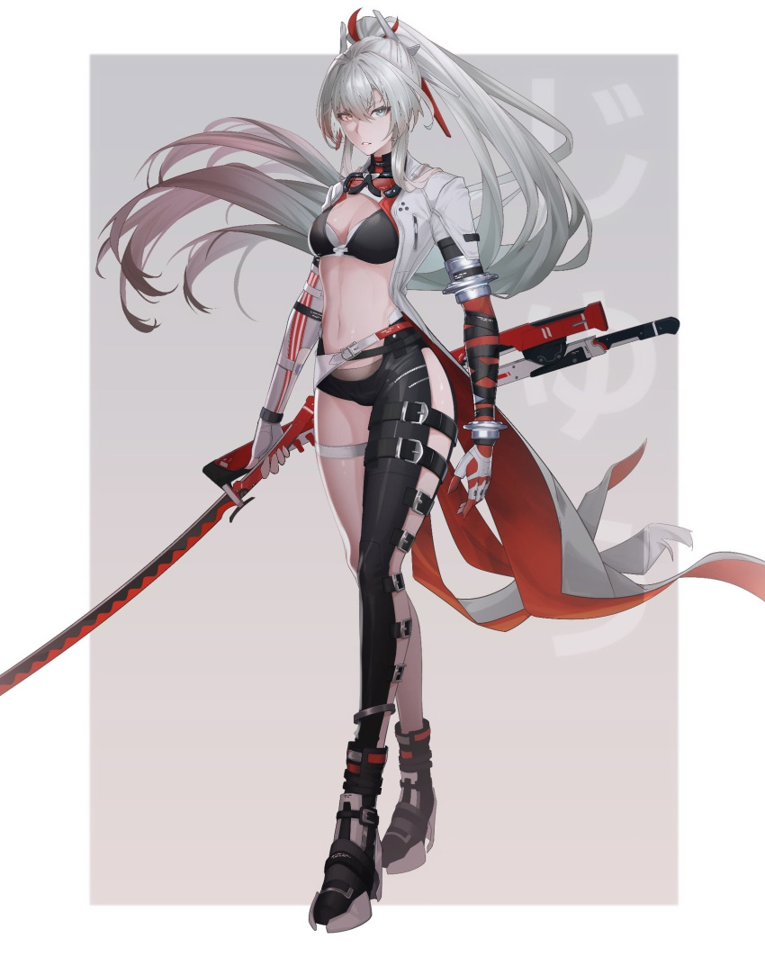 1girl alpha_(punishing:_gray_raven) art_jiyuu bandaged_arm bandages black_bandages black_bra blue_eyes bra eyewear_around_neck grey_hair grey_jacket hair_intakes heterochromia high_heels highres holding holding_sword holding_weapon jacket katana long_hair lucia:_crimson_weave_(punishing:_gray_raven) mechanical_arms navel ponytail punishing:_gray_raven red_eyes sheath single_leg_pantyhose solo sports_bra sword thigh_strap underwear very_long_hair weapon