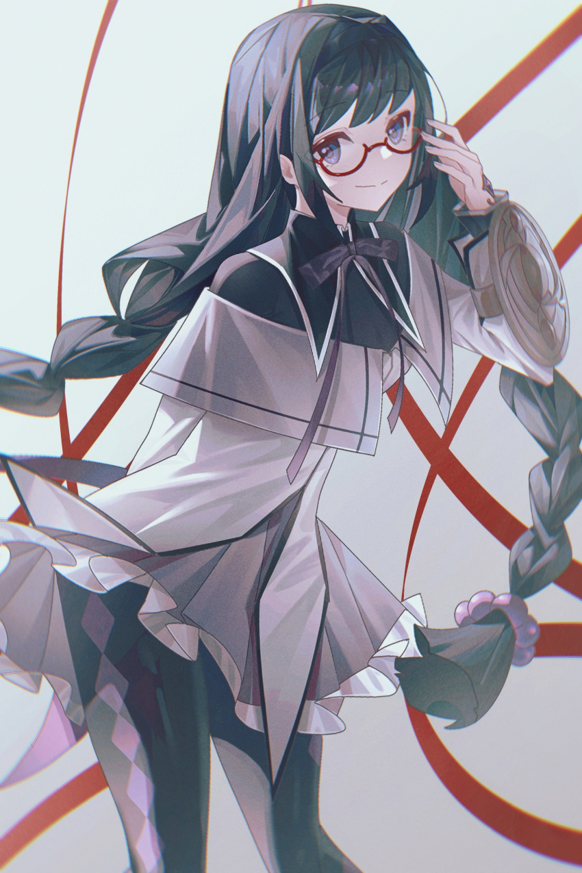 1girl absurdres adjusting_eyewear akemi_homura argyle_clothes argyle_legwear arm_behind_back beads black_capelet black_hair black_hairband black_pantyhose blue_eyes blunt_ends braid capelet collared_capelet commentary disc glasses grey_background hair_beads hair_intakes hair_ornament hairband hand_on_eyewear hand_up highres jacket long_hair long_sleeves looking_at_viewer mahou_shoujo_madoka_magica mahou_shoujo_madoka_magica_(anime) neck_ribbon pantyhose purple_ribbon purple_skirt red-framed_eyewear red_ribbon ribbon semi-rimless_eyewear simple_background skirt smile solo standing symbol-only_commentary twin_braids umajam under-rim_eyewear white_jacket