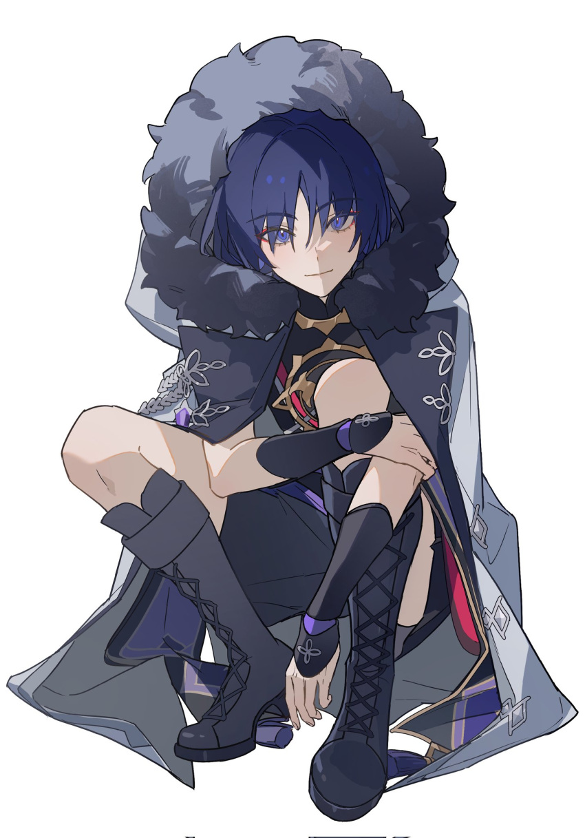 1boy armor black_footwear blue_eyes blue_hair boots closed_mouth coat coat_on_shoulders corrupted_twitter_file fur-trimmed_coat fur_trim genshin_impact grey_coat hair_between_eyes highres hood hood_up hooded_coat japanese_armor japanese_clothes knee_boots kote kurokote looking_at_viewer male_focus scaramouche_(genshin_impact) sialou simple_background solo