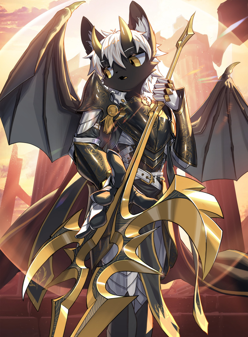 2023 absurd_res ambiguous_anthro ambiguous_gender anthro armor axe blaedic breastplate canid canine claws clothing cuisse demon detailed_background filigree foreshortening front_view gauntlets glare_(lighting) gloves greataxe greaves hair handwear hi_res holding_axe holding_object holding_weapon horn inner_ear_fluff laura_(tale_of_kemono) lens_flare looking_away mammal membrane_(anatomy) membranous_wings open_mouth outside pillar plate_armor portrait pupils ruins short_hair slit_pupils solo standing sunny tale_of_kemono three-quarter_portrait tuft vambrace weapon white_hair wing_claws wings yellow_eyes yellow_horn