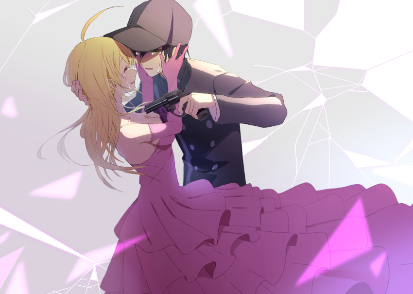 1boy 1girl ahoge akamatsu_kaede bare_shoulders baseball_cap black_hair blonde_hair breasts buttons cleavage collarbone collared_jacket commentary_request crack crying crying_with_eyes_open danganronpa_(series) danganronpa_v3:_killing_harmony double-breasted dress elbow_gloves face-to-face frilled_dress frills glass_shards gloves green_eyes grey_background grey_hat grey_jacket grey_sleeves gun hair_between_eyes hand_on_another's_head handgun hands_on_another's_cheeks hands_on_another's_face hat hetero high_collar highres holding holding_gun holding_weapon jacket layered_sleeves long_dress long_hair long_sleeves looking_at_another medium_breasts nagichiro pink_dress pink_gloves pointing_gun sad_smile saihara_shuichi short_hair simple_background slit_pupils spoilers strapless strapless_dress streaming_tears tears weapon