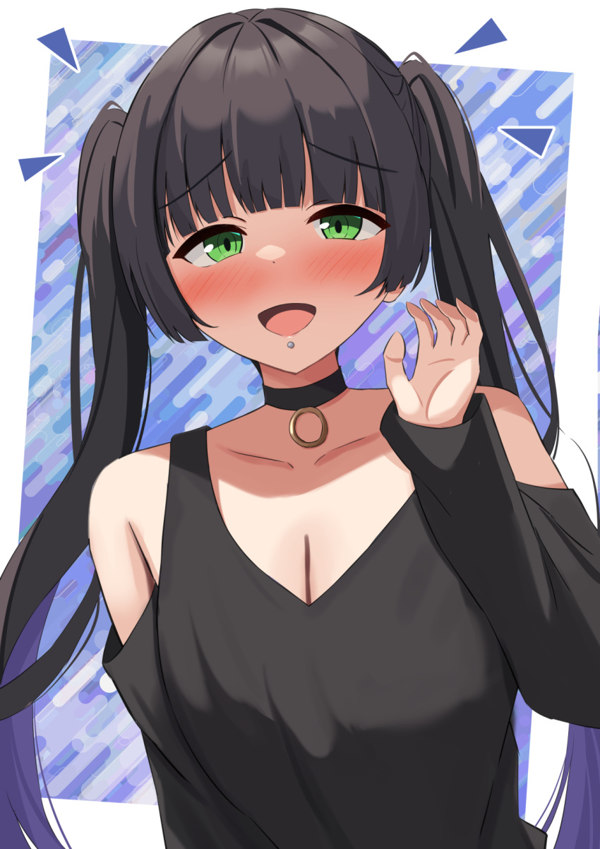 1girl :d alternate_hairstyle amenocchi bare_shoulders black_choker black_hair black_shirt blue_background blunt_bangs blunt_ends blush bocchi_the_rock! breasts chin_piercing choker cleavage clothing_cutout collarbone colored_inner_hair commentary_request green_eyes hand_up highres hime_cut looking_at_viewer multicolored_hair nose_blush notice_lines o-ring o-ring_choker open_mouth pa-san purple_hair raised_eyebrows shirt shoulder_cutout shy sidelocks simple_background sleeves_past_wrists smile solo straight_hair tsurime twintails upper_body